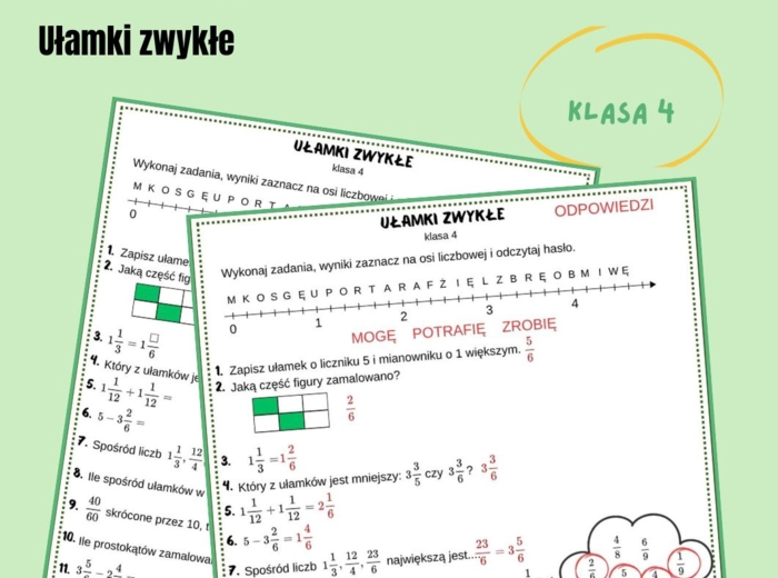 Ułamki zwykłe, powtórzenie w klasie 4, karta pracy z hasłem