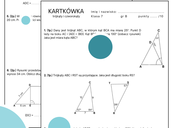 Kartkówka - trójkąty i czworokąty. Klasa 7