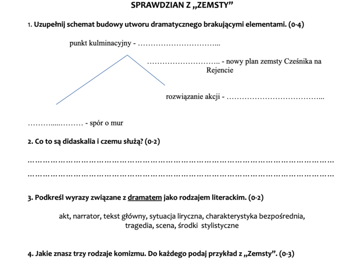 "Zemsta" - sprawdzian wiedzy i umiejętności (po omówieniu lektury)