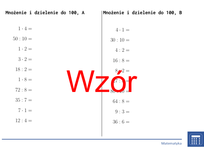Mnożenie i dzielenie do 100 | matematyka | 26 kolumn