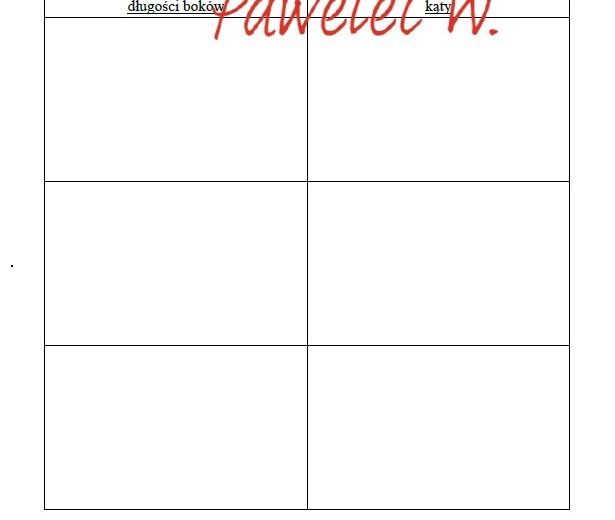 PODZIAŁ TRÓJKĄTÓW ze względu na miary kątów oraz długości boków - notatka, tabelka do uzupełnienia