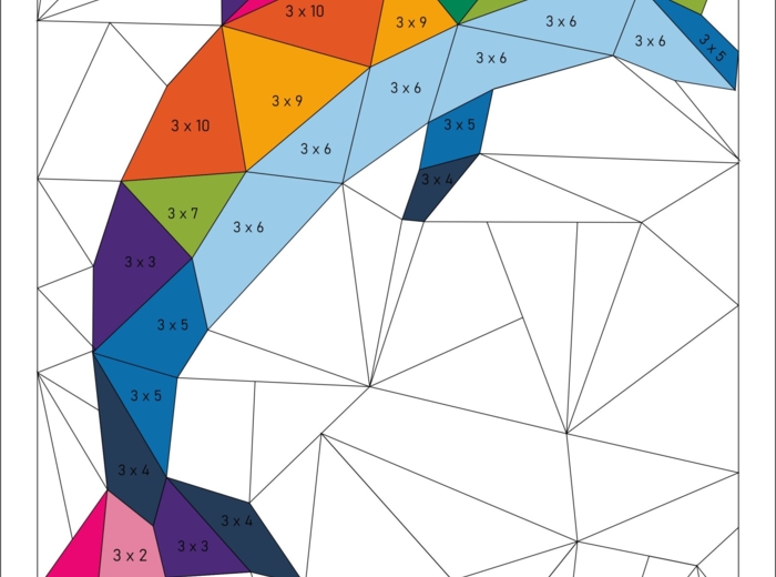 Tabliczka mnożenia, mnożenie przez 3, wielokrotności, kolorowanka delfin