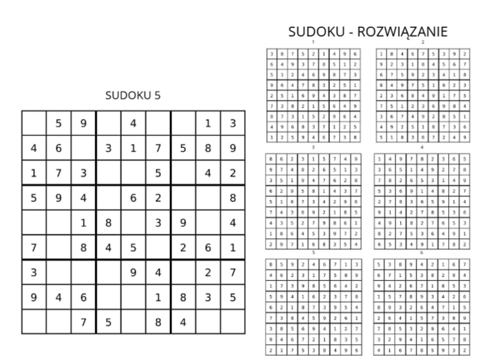 SUDOKU - POZIOM ŁATWY ŚREDNI I TRUDNY + ROZWIĄZANIA