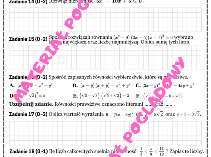 Mini matura. Matematyka - wyrażenia algebraiczne, równania, nierówności.