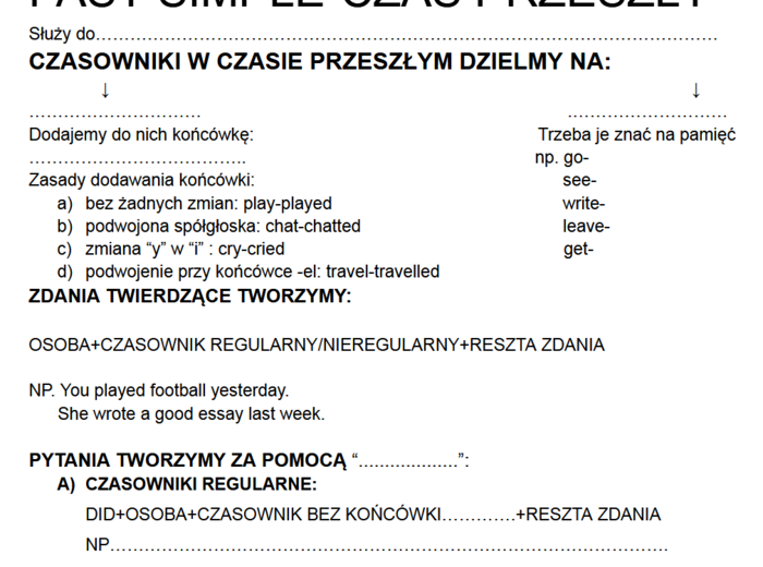 PAST SIMPLE dla początkujących/karta pracy dla ucznia/notatka do uzupełnienia/wklejka