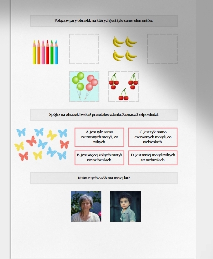 Więcej, mniej, tyle samo. Karta pracy. Sprawdzian