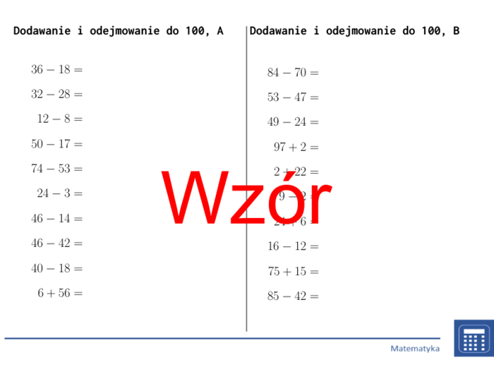 Dodawanie i odejmowanie do 100 | matematyka | 26 kolumn