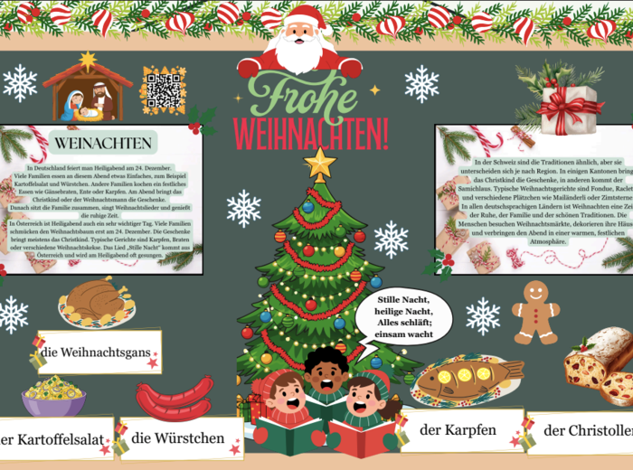 Gazetka w języku niemieckim „Frohe Weihnachten"| Nowoczesna i edukacyjna dekoracja idealna do klasy/biblioteki/korytarza| Główna grafika w formie plakatu 4 x A 4| Kod QR do kolędy " Stille Nacht"