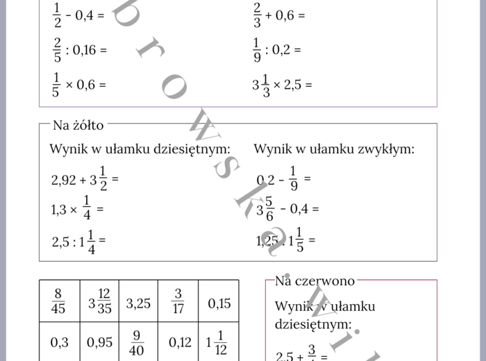 Działania na ułamkach zwykłych i dziesiętnych - kodowanka