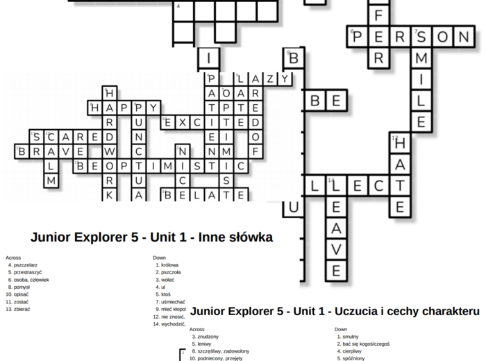 Junior Explorer 5 – Unit 1 – krzyżówki – Inne słówka/Członkowie rodziny/Uczucia i cechy charakteru