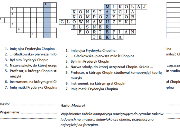Logogryf dla klasy 5- Młodość Fryderyka Chopina