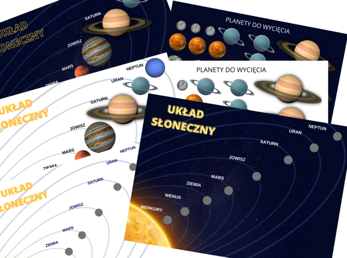 Edukacyjny Układ słoneczny - plansze na rzepy, piktogramy planet, karty edukacyjne z nazwami polskimi i angielskimi