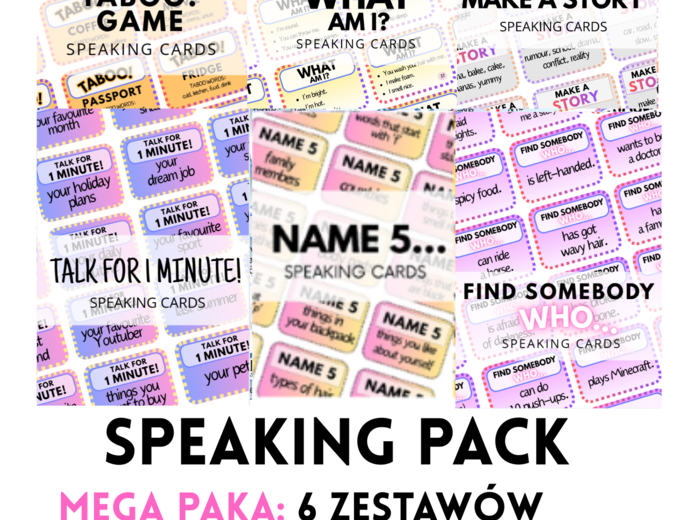 MEGA PAKA: SPEAKING SET -  aż 6 zestawów - 656 Speaking Cards - What am I? - Make a Story - Taboo - Talk for 1 Minute - Name 5 - Find somebody who - mówienie - warm - up - ice - breaker -  gra - gry językowe - angielski - A2  - B1  - B2