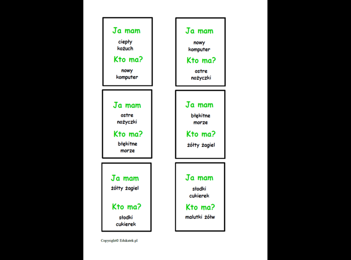 Zestaw kart typu kto ma, ja mam - gra ortograficzna