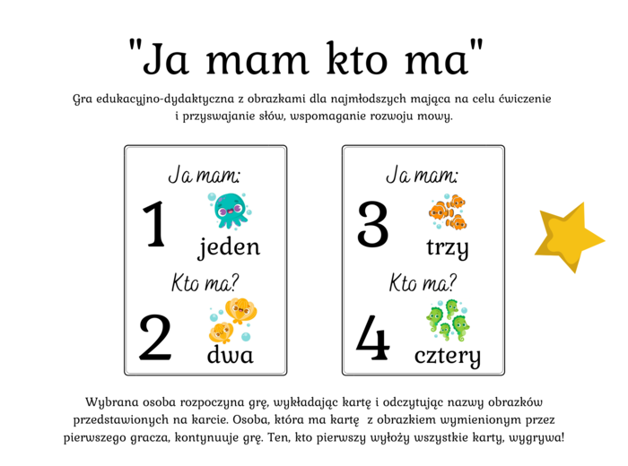 Gra dydaktyczna "Ja mam kto ma" ?Cyfry od 0 do 10 - 30 kart - 5 zł (wersja kolorowa)⭐️