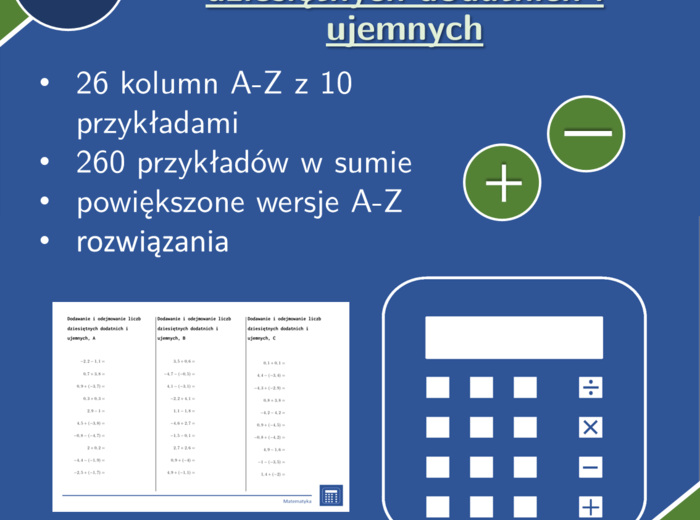 Dodawanie i odejmowanie liczb dziesiętnych dodatnich i ujemnych | matematyka | 26 kolumn