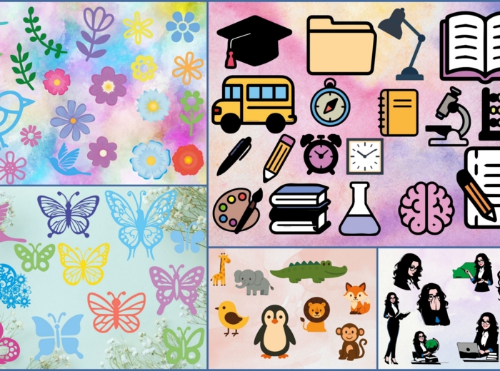 Szablony do canvy w formacie png bez tła 67 elementów o tematyce szkoła, motyle, ptaki, zwierzęta, kwiaty