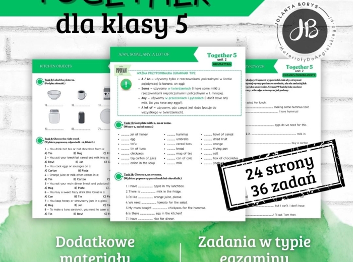 Together 5 Unit 2: You are what you eat  – materiały dodatkowe: słownictwo, gramatyka, komunikacja, czytanie, egzamin ósmoklasisty – karty pracy, ćwiczenia