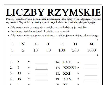 Liczby Rzymskie - karta pracy (Rzymski system zapisywana liczb)