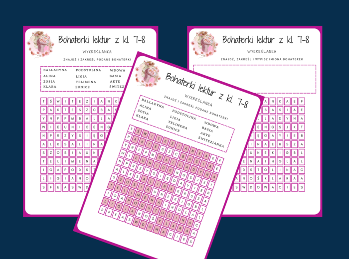 BOHATERKI LEKTUR z klas 7-8 - wykreślanka - powtórka - Dzień Kobiet - walentynki