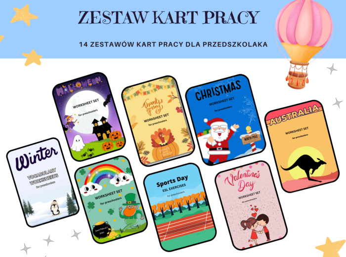 Mega Pakiet Kart Pracy dla Przedszkolaka – Sezonowe i Tematyczne Aktywności Edukacyjne, język angielski, 14 zestawów, 4 pory roku, christmas, easter, australia, artic animals, saint patick, valentines day, sports day,
