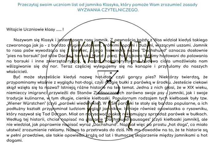 WYZWANIE CZYTELNICZE Z JAMNIKIEM KLASYKIEM na rok szkolny 2025/2026