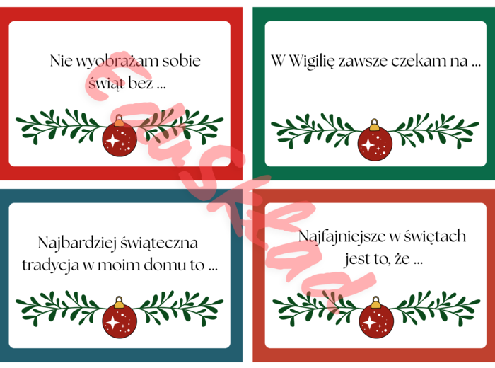 🎄 Gra na klasową Wigilię – 66 kart z niedokończonymi zdaniami