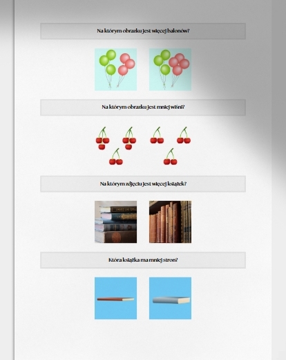 Więcej, mniej, tyle samo. Karta pracy. Sprawdzian