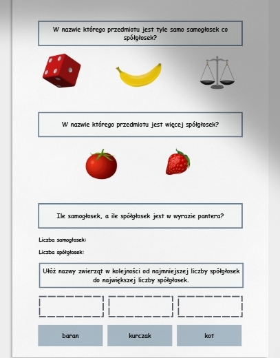 Spółgłoski i samogłoski. Karta pracy. Sprawdzian