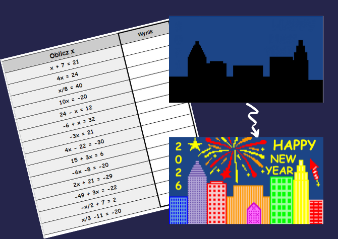 Rozwiązywanie Równań - Nowy Rok 2026. UKRYTY OBRAZEK w Arkuszach Google, Excelu (edytowalny).