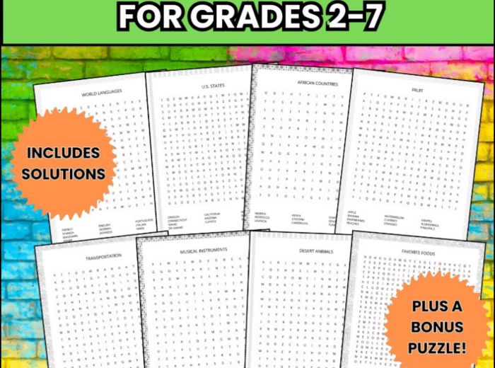 W języku angielskim. Zestaw do wyszukiwania wyrazów, 50 motywów, puzzle do druku dla dzieci i dorosłych, wyszukiwanie wyrazów, ćwiczenia słownictwa