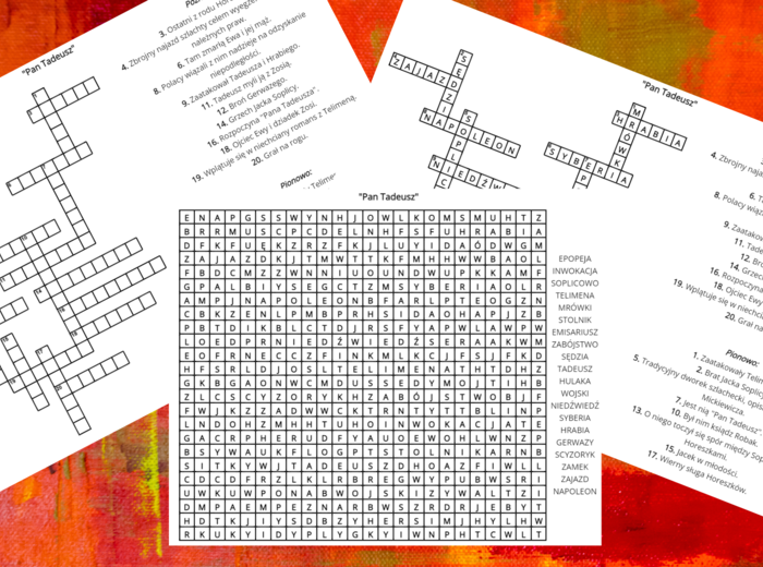 "PAN TADEUSZ" - krzyżówka, wykreślanka - lektury obowiązkowe kl.7-8