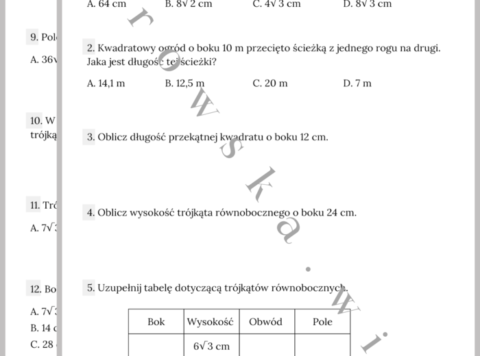 Przekątna kwadratu i trójkąt równoboczny - zestaw zadań