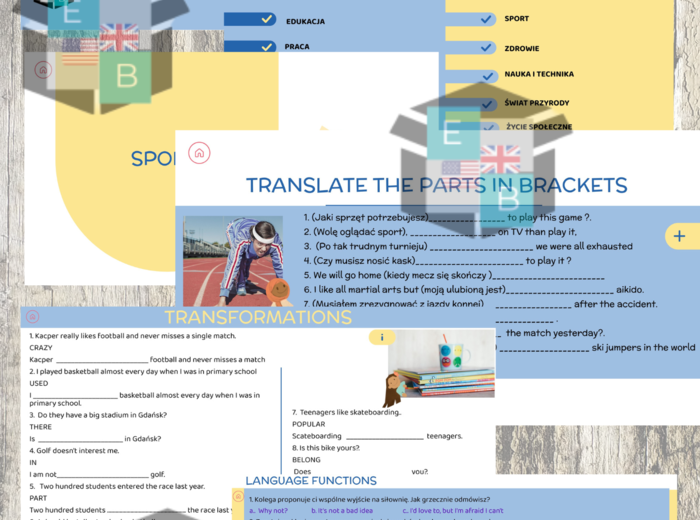 EGZAMIN ÓSMOKLASISTY : USE/TŁUMACZENIA, TRANSFORMACJE I REAKCJE - wszystkie 14 działów