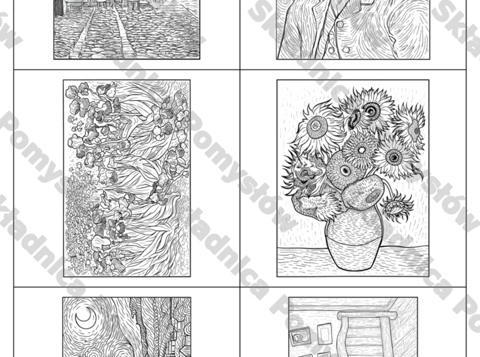 Vincent van Gogh - kolorowanki A4 - 6 kart + karta miniatur + karta z tytułami i miniaturami (tabela)