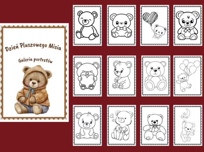 DZIEŃ PLUSZOWEGO MISIA – Galeria portretów - kolorowanka - kolorowanki – biblioteka – świetlica – przedszkole – 24 wersje