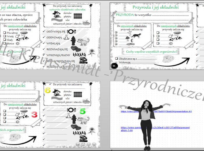 Kompletny zestaw na jedną lekcję „Przyroda i jej składniki” – sketchnotka + karty pracy w power point + gratisowy link do prezentacji multimedialnej niekomercyjnej + gratisowy link do lekcji multimedialnej niekomercyjnej również wykonanej w genial.ly do 