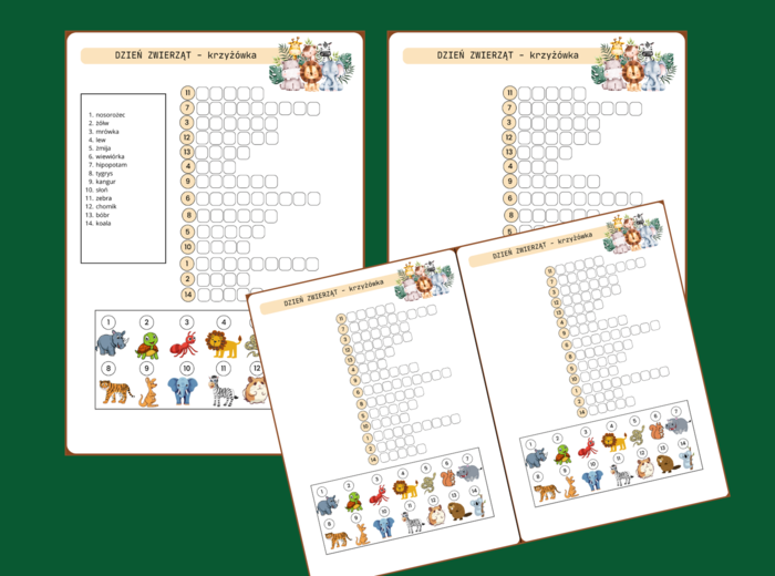 DZIEŃ ZWIERZĄT - KRZYŻÓWKA obrazkowa – ćwiczenia redakcyjne – ortografia - biblioteka