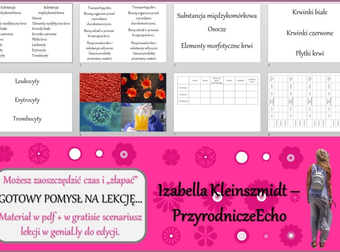 Karta pracy/stacje zadaniowe/ do tematu „Budowa i funkcje krwi” w pdf. W gratisie niekomercyjny scenariusz lekcji/pomysł na lekcję w programie genial.ly do edycji. Biologia 7. Dział „Układ krwionośny”.