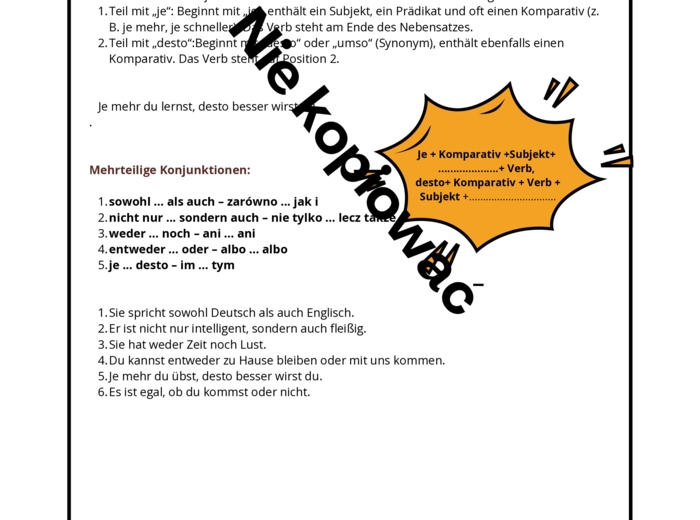 Konjunktionen und Satzarten - Zusammenfassung Spójniki i typy zdań - podsumowanie niemiecki