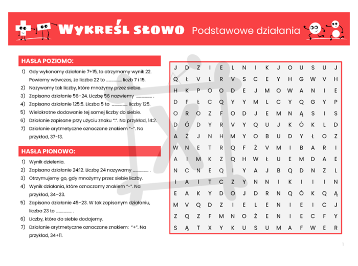 Matematyczna wykreślanka dla klasy czwartej. Podstawowe działania.