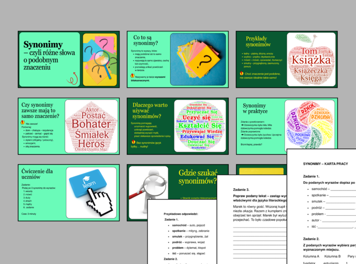 📘 SYNONIMY – prezentacja (10 slajdów) + karta pracy (2 strony) z odpowiedziami