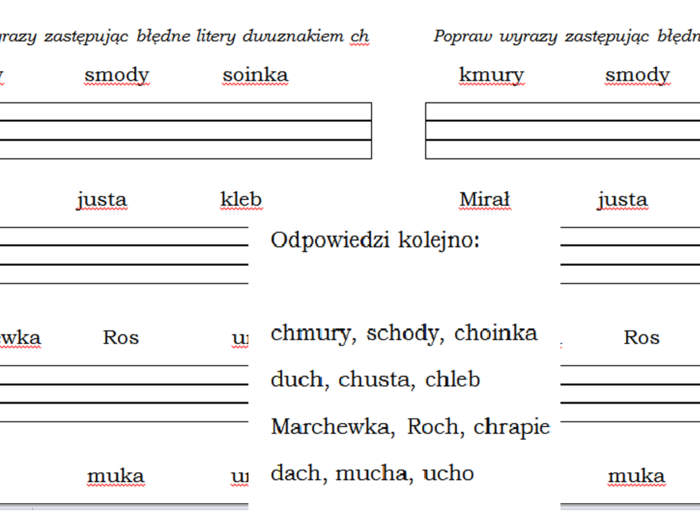 Gotowe zadanie dla klasy 1- utrwalenie dwuznaku ch w praktyce