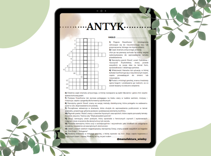 Krzyżówka - antyk - epoka literacka - szkoła średnia - matura - karty pracy