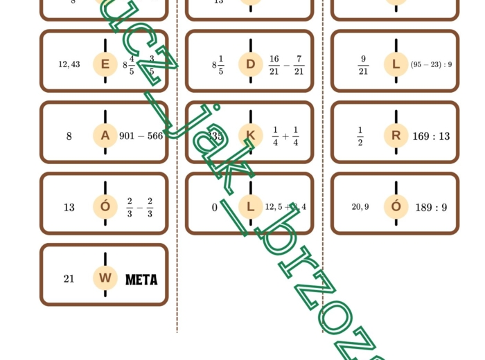 Domino arytmetyczne z hasłem. Pierwsza lekcja matematyki w klasie 5.