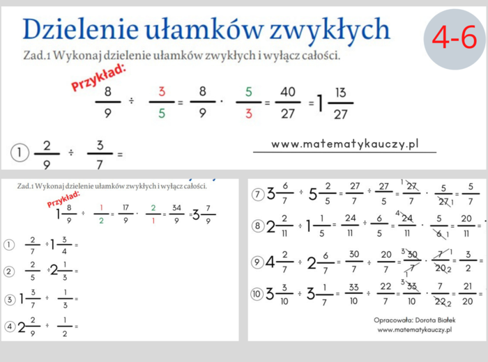 Dzielenie ułamków zwykłych / KARTY PRACY kl.4 – kl.6 PDF + ROZWIĄZANIA
