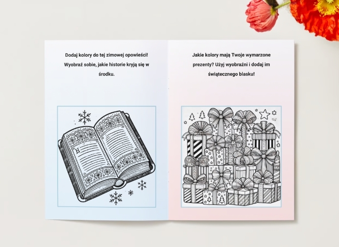 Zimowe i świąteczne kolorowanki (czapka z pomponem, rękawiczki, świeca, książka)