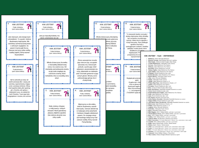 CZY POZNASZ BOHATERA PO WYGLĄDZIE? - bohaterowie lektur 4-8 – KIM JESTEM? - fiszki – 48 szt. – egzamin – powtórka + ODPOWIEDZI