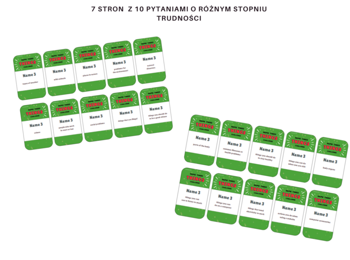 Name three – wymień trzy, gra powtórzeniowa dla klas 7-8 szkoły podstawowej w stylu 5 sekund, język angielski, 70 pytań, słownictwo,