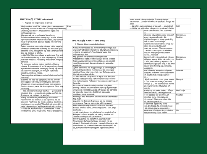 "MAŁY KSIĄŻĘ" - cytaty - powtórka - egzamin - KARTA PRACY - sprawdzian - kartkówka + odpowiedzi